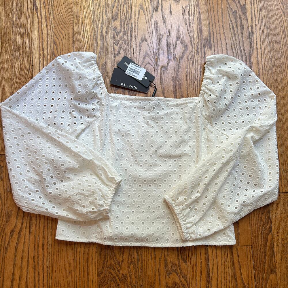 Karl Lagerfeld Paris Blouse Long sleeve Eyelet Smocked White Large - Picture 4 of 9